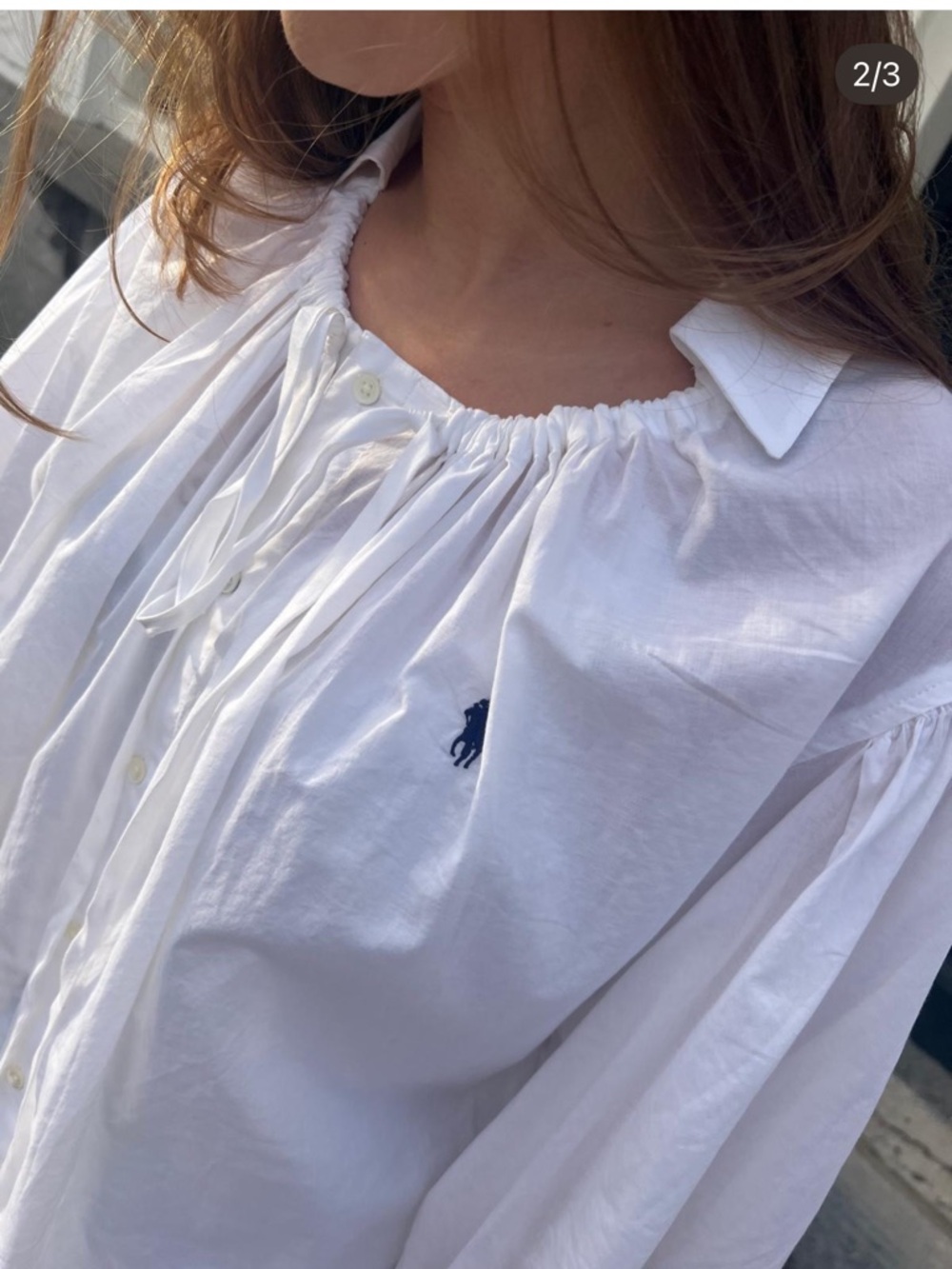 $260 Polo Ralph Lauren white button up poplin blouse shirt with ruched sleeves